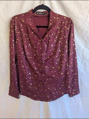 Allegra K Wine Star-Print Button Blouse